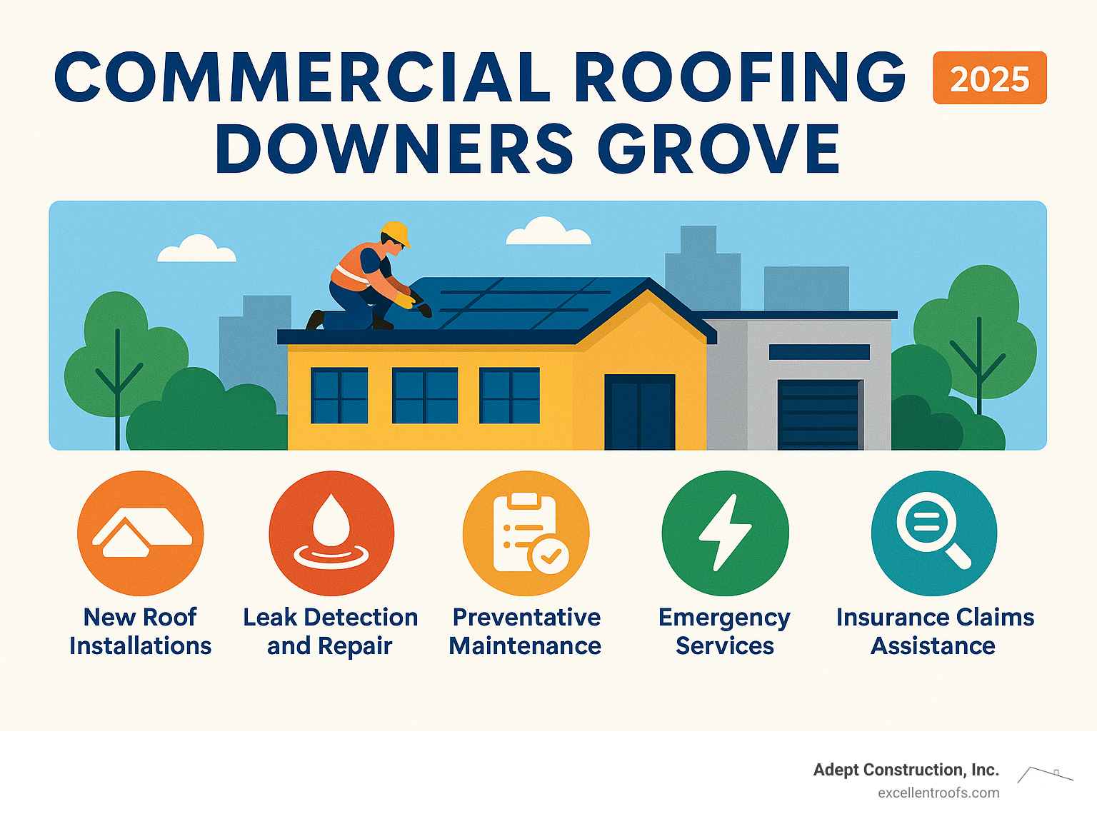 Infographic detailing key commercial roofing services and benefits in Downers Grove - commercial roofing downers grove infographic 