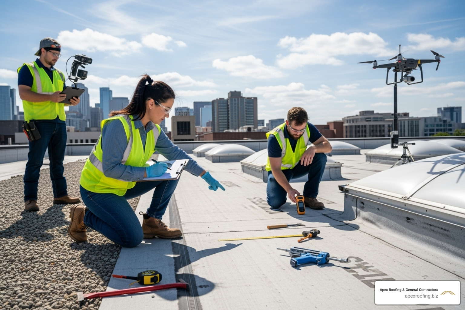 Professional roofing crew conducting a detailed inspection on a large commercial flat roof - commercial roofing company san antonio