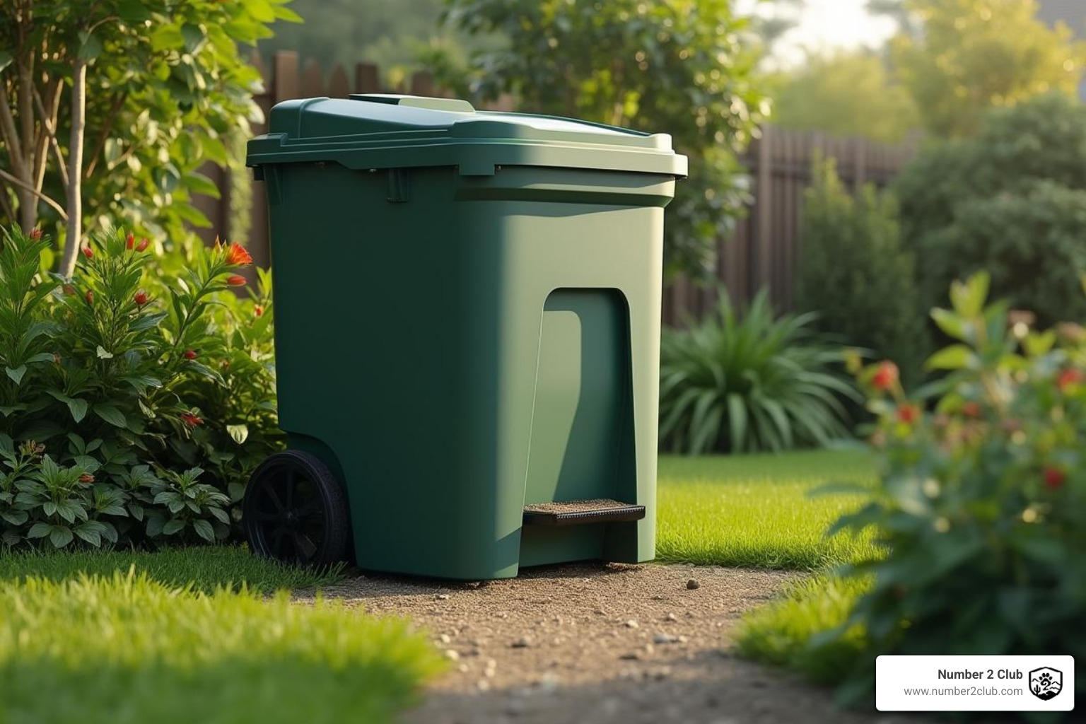 Dedicated dog waste collection bin in a garden setting - eco friendly way to pick up dog poop