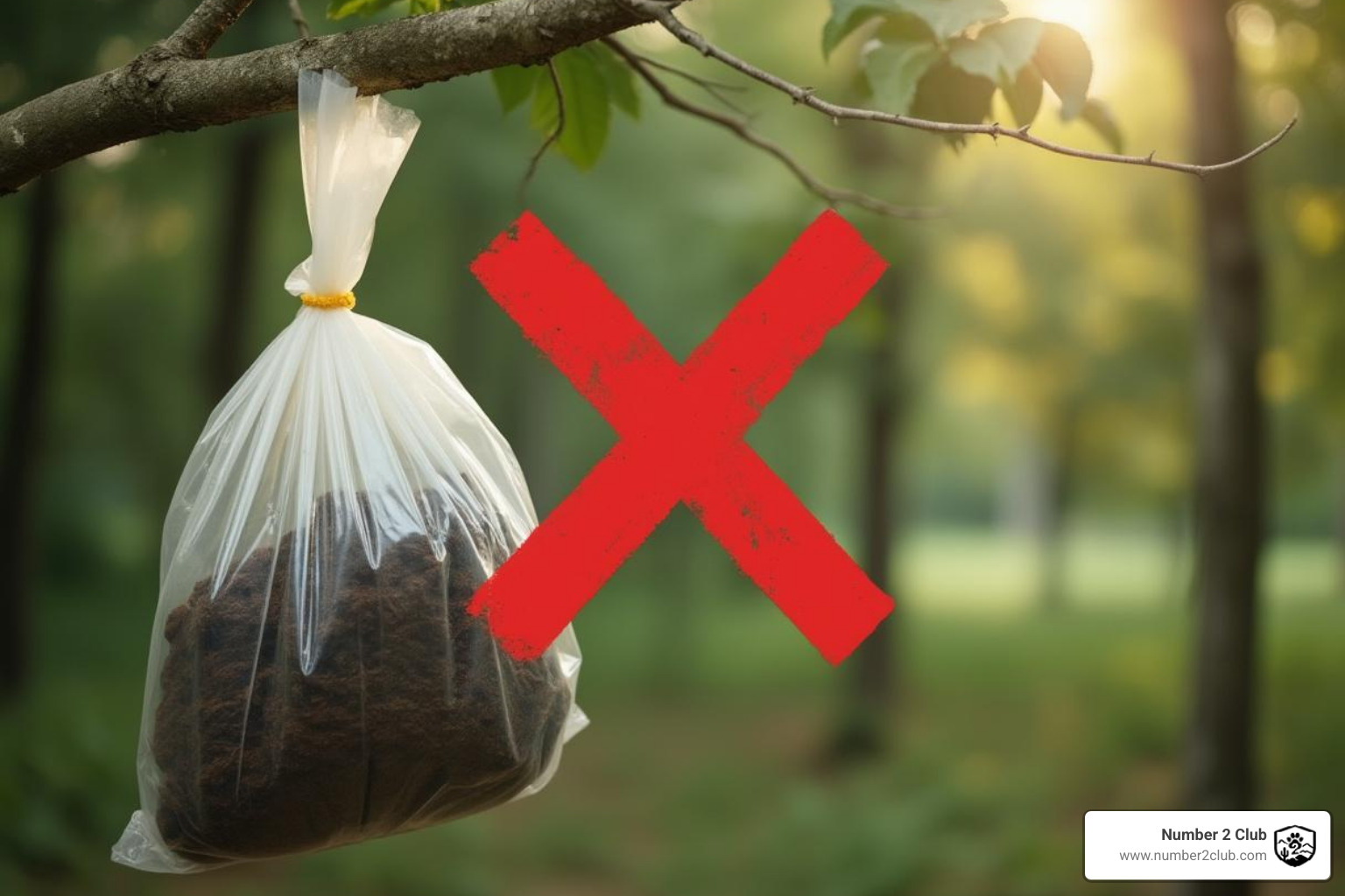 Poop bag hanging from a tree branch with a red 