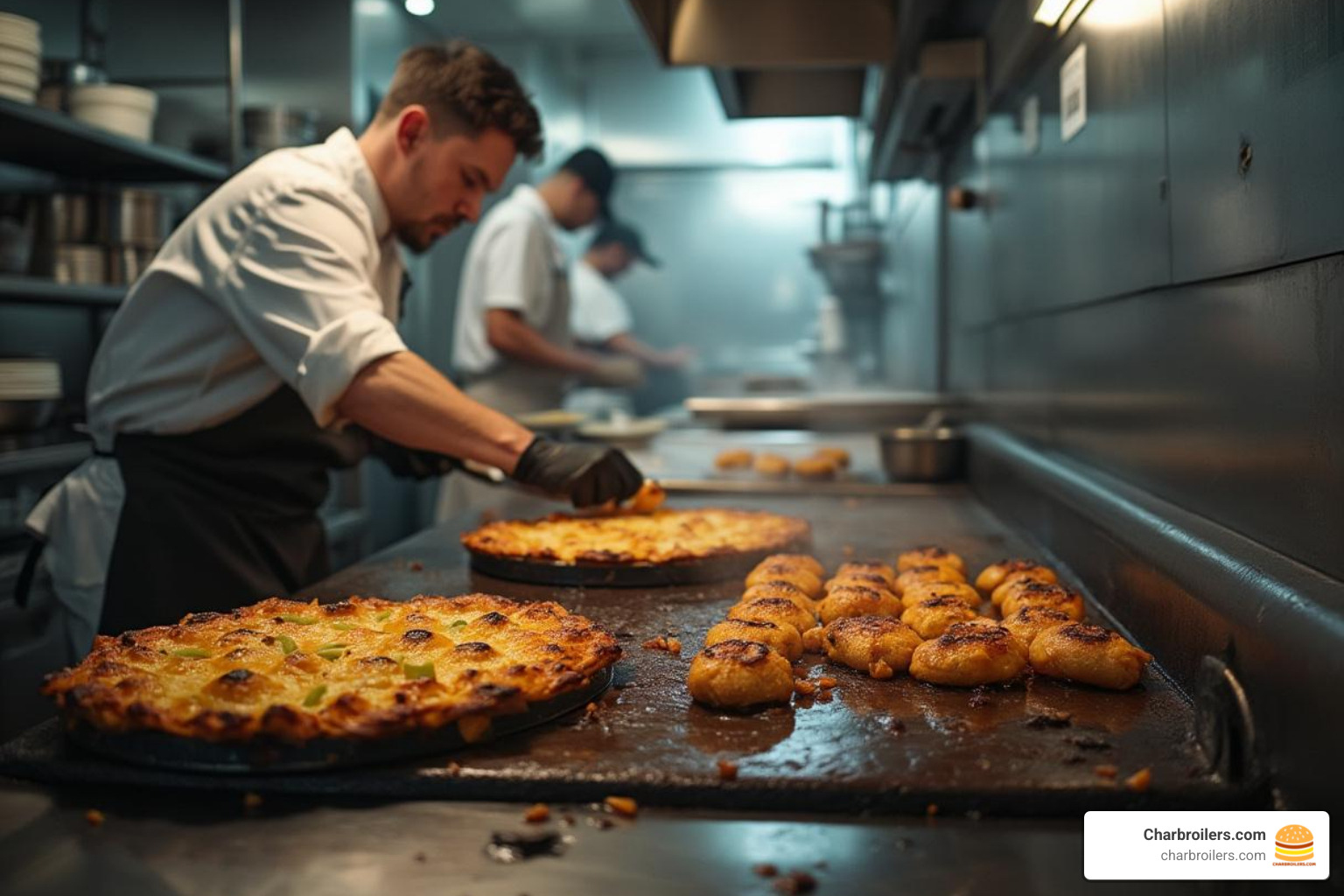 busy chef using both the griddle and oven on a range simultaneously - commercial oven with griddle