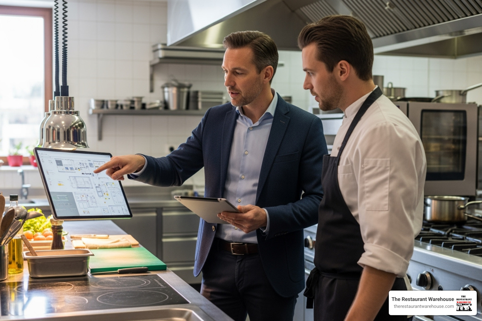 Image of a supplier consultant advising a chef in a kitchen setting - catering equipment suppliers