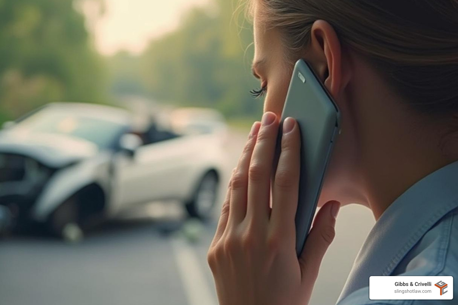 person on the phone, looking concerned, with an accident scene blurred in the background - Austin electrical injury lawyer person on the phone, looking concerned, with an accident scene blurred in the background - Austin electrical injury lawyer