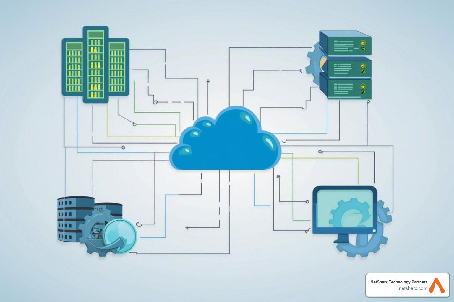 interconnected icons representing Cloud, Data Center, Network, and Applications - IT infrastructure modernization services