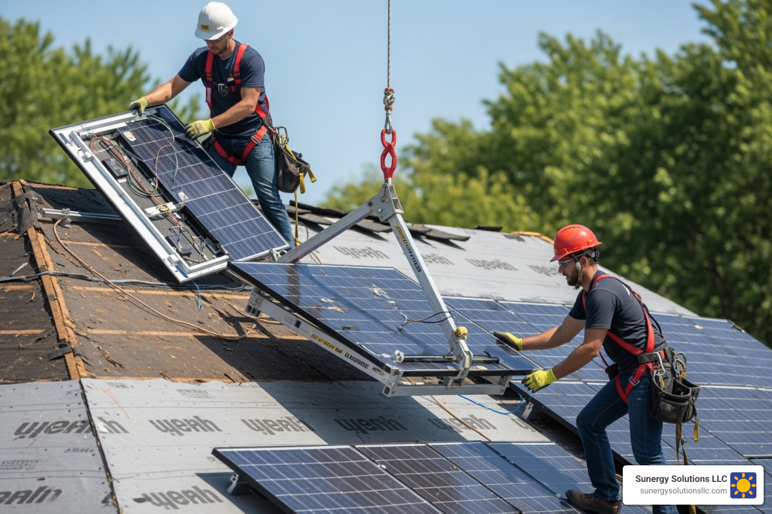 technicians carefully removing solar panels from a roof - how to replace roof with solar panels