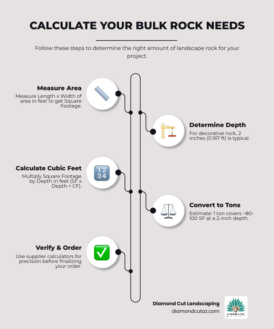 Infographic explaining how to calculate rock quantity for a rectangular area - bulk rock phoenix infographic infographic-line-5-steps-neat_beige