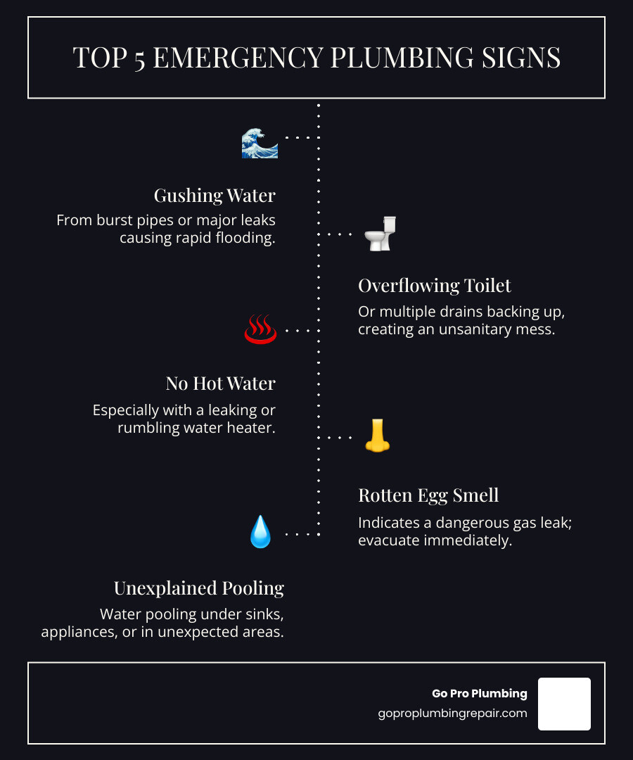 Infographic showing the top 5 signs you need an emergency plumber: 1. Gushing water from a burst pipe or major leak. 2. Overflowing toilet or multiple backed-up drains. 3. No hot water, especially with a leaking water heater. 4. The distinct smell of rotten eggs (sulfur) indicating a gas leak. 5. Water pooling where it shouldn't, like under sinks or appliances. - 24 hour plumber rancho cordova infographic infographic-line-5-steps-dark