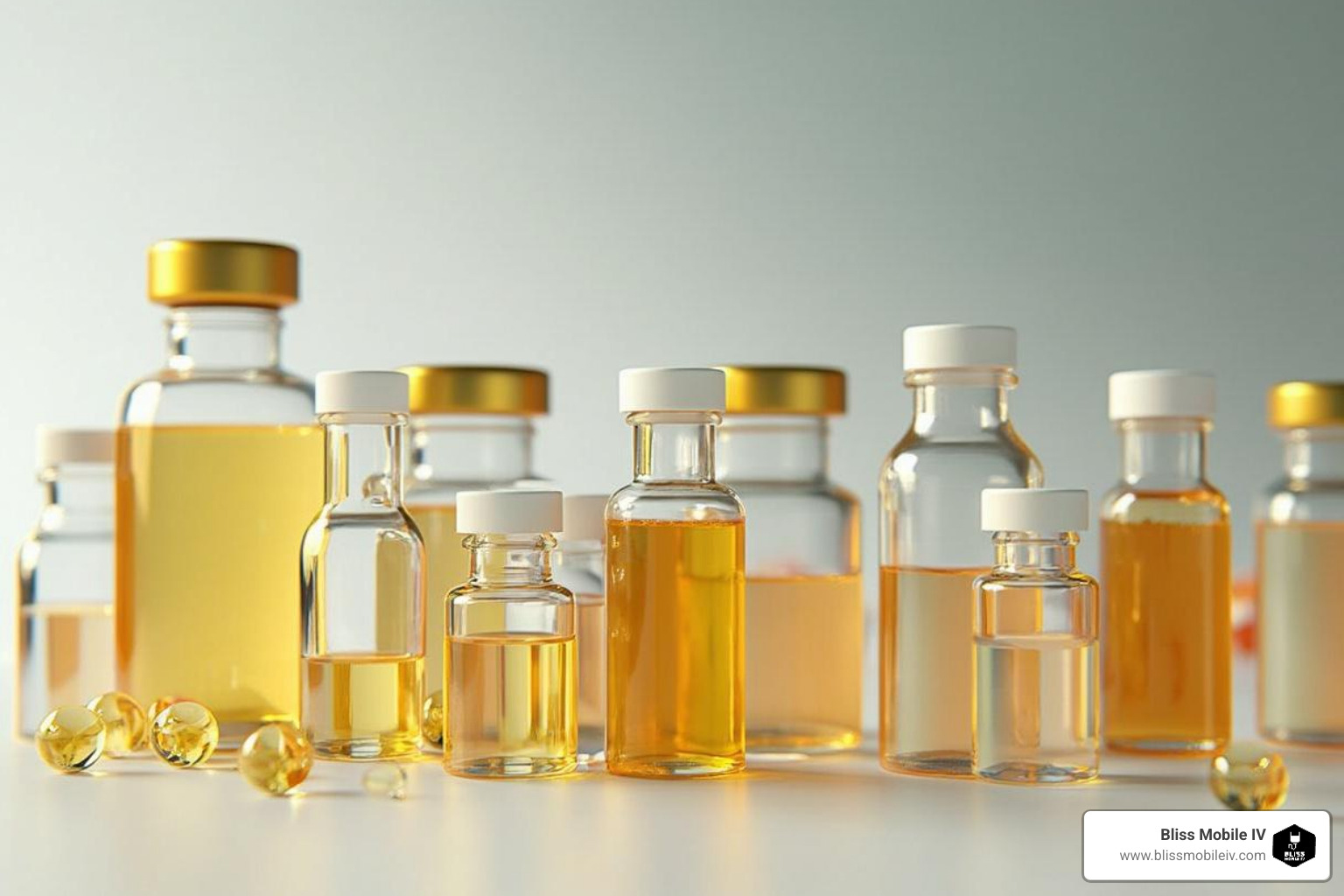 Various vitamin vials and additives like B12, Glutathione, and Vitamin C arranged neatly. - drip iv utah