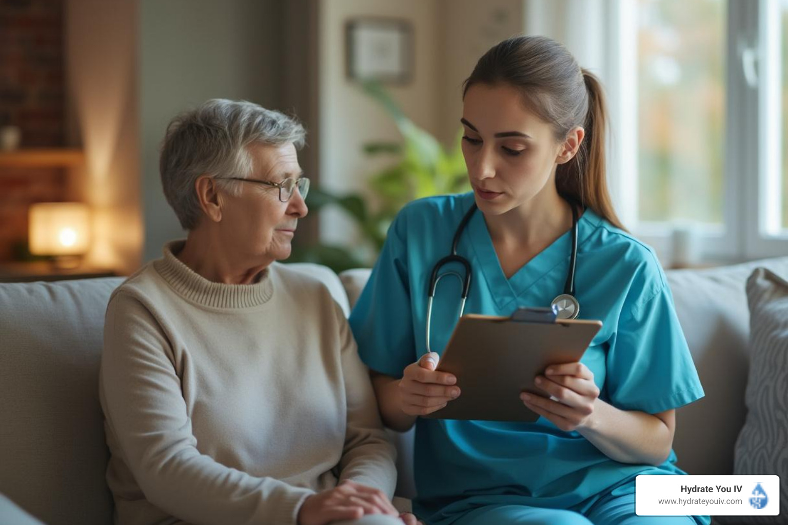 Nurse reviewing a clipboard with a client before starting the IV therapy session - iv infusion okc