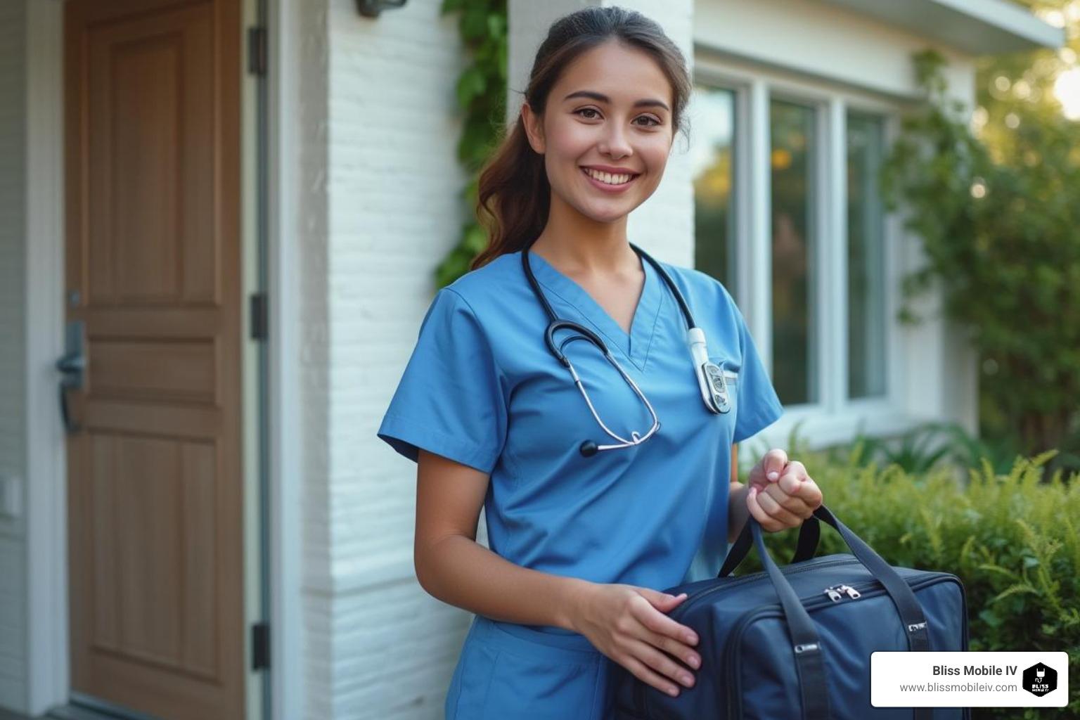 A friendly, professional nurse with a medical bag arriving at a client's front door. - drip iv utah