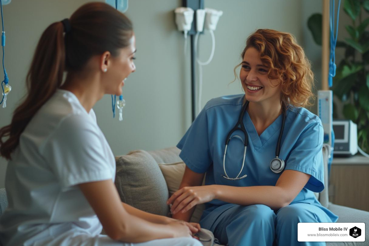 A person smiling while talking to a nurse during an IV session. - drip iv utah