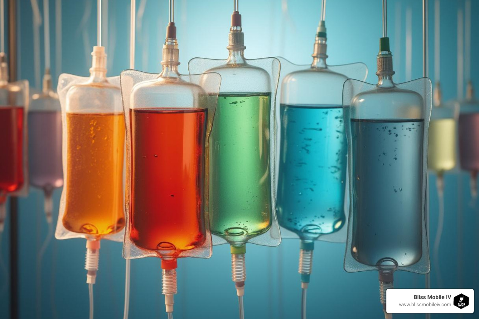 A stylized menu graphic showing different IV bags with creative names like 