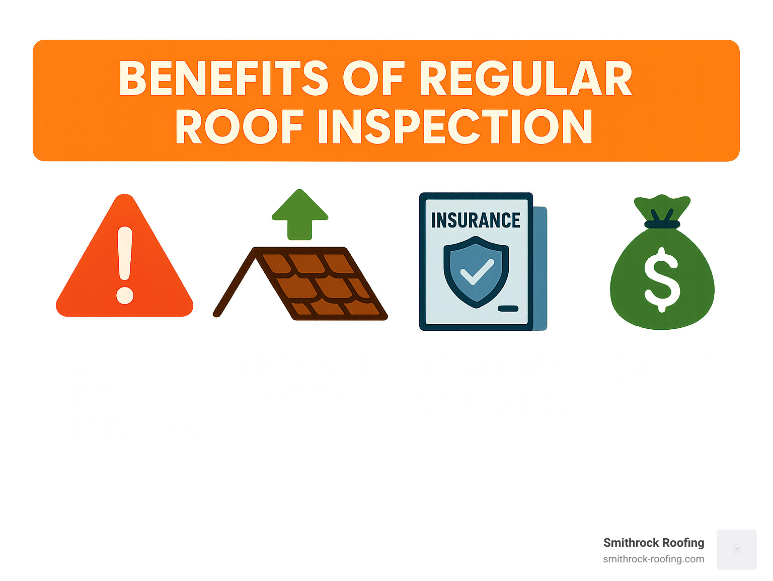 Infographic explaining the 4 key benefits of a regular roof inspection: early problem detection, extending roof life, insurance compliance, and saving money. Each benefit is represented by an icon, with a short descriptive text below it. - roof inspection infographic 