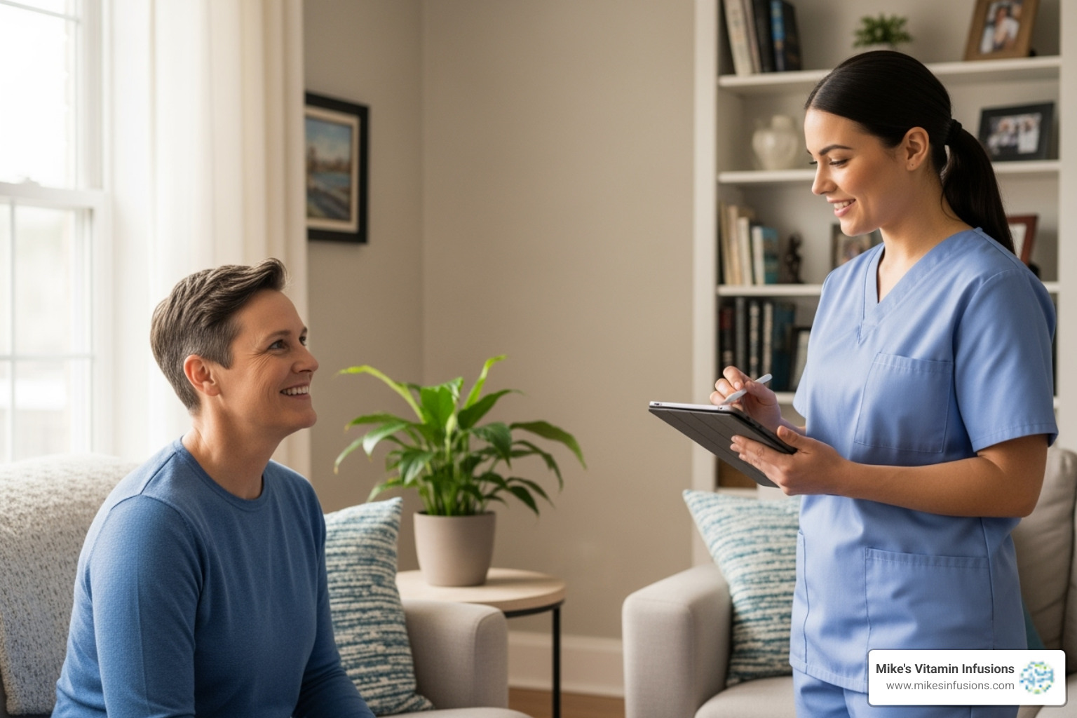 of a person smiling while talking to a nurse in their living room - mobile iv canton ga