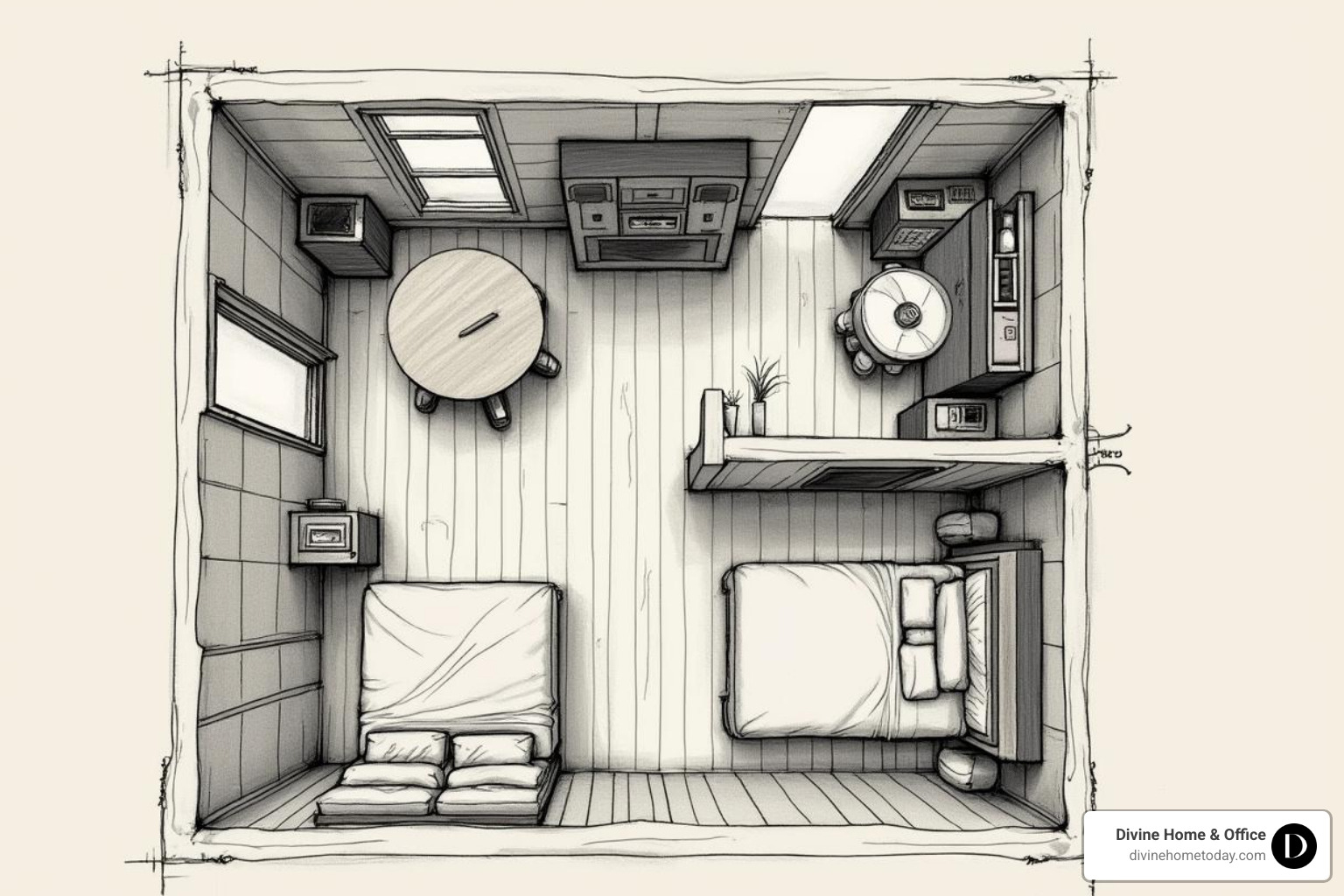 studio apartment floor plan with distinct zones for living, sleeping, and working - house design apartment
