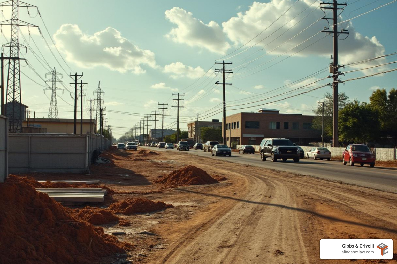 busy Austin construction site with visible power lines - Austin electrical injury lawyer busy Austin construction site with visible power lines - Austin electrical injury lawyer