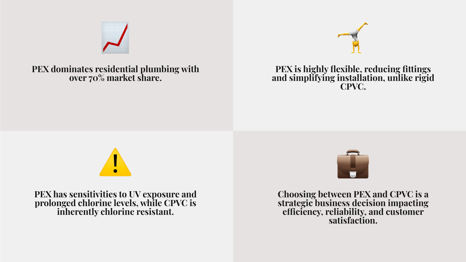 Detailed comparison of PEX and CPVC for plumbing contractors, highlighting key differences in flexibility, installation, water quality, and cost implications. - pex vs cpvc infographic 4_facts_emoji_grey Detailed comparison of PEX and CPVC for plumbing contractors, highlighting key differences in flexibility, installation, water quality, and cost implications. - pex vs cpvc infographic 4_facts_emoji_grey