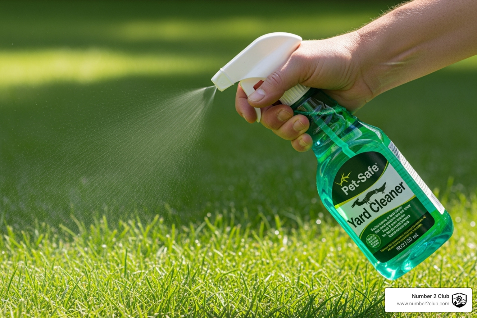 pet-safe yard cleaner spray bottle being used on a lawn - dog poop cleaner for yard