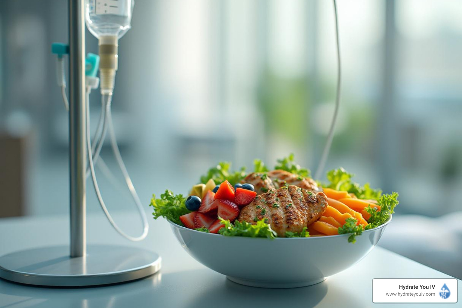 healthy meal and IV drip side by side - immune boost IV therapy
