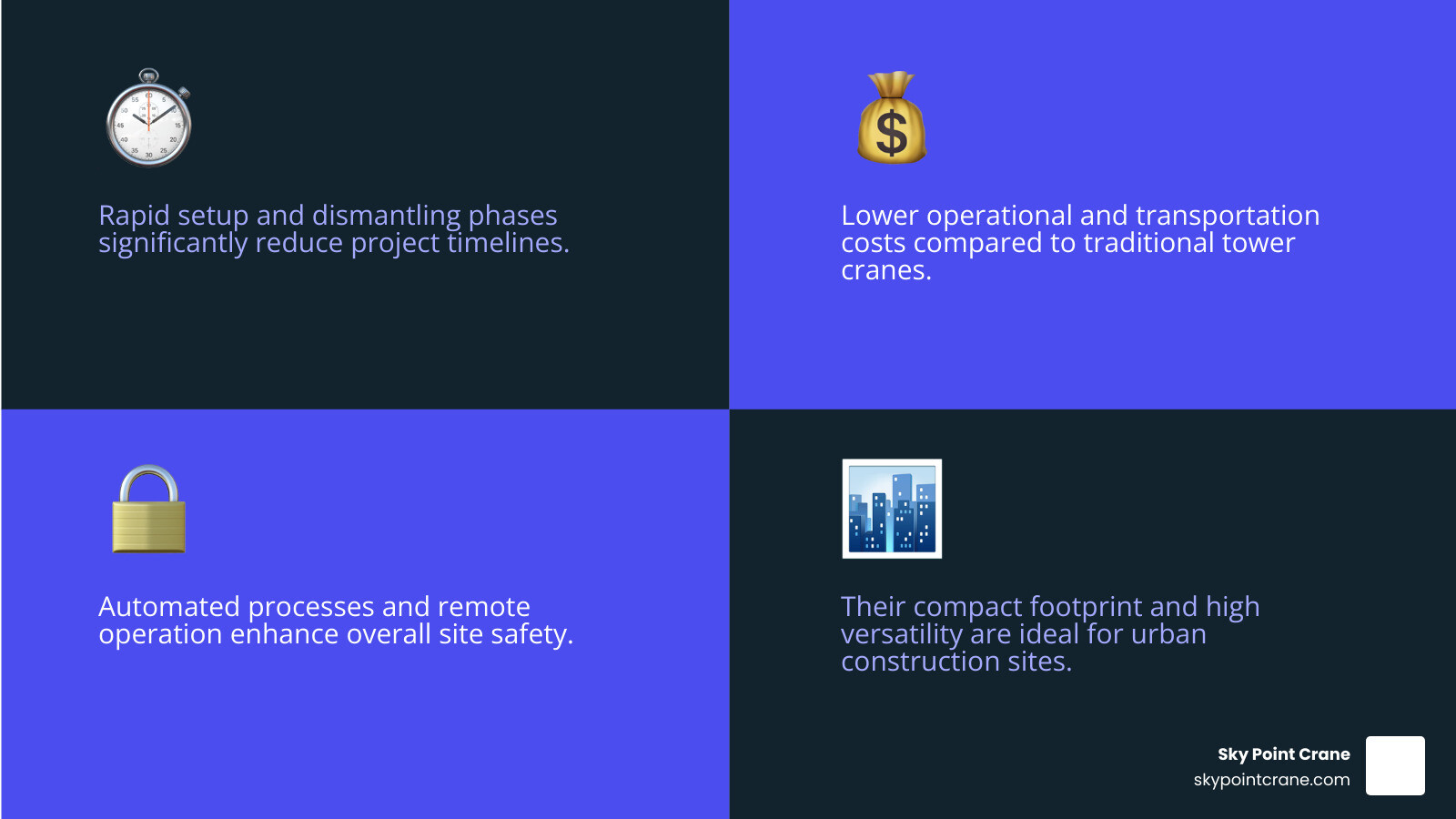Infographic detailing the key benefits of self-erecting tower cranes, including time efficiency, cost-effectiveness, versatility, compact footprint, ease of transportation, and improved safety through automated processes - self erecting tower crane training infographic 4_facts_emoji_blue