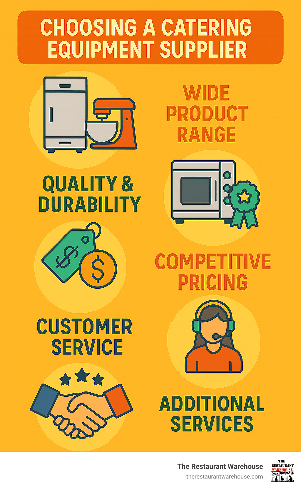 Infographic detailing key considerations when choosing a catering equipment supplier, including product range, quality, pricing, customer service, experience, and additional services like delivery and financing. - catering equipment suppliers infographic 