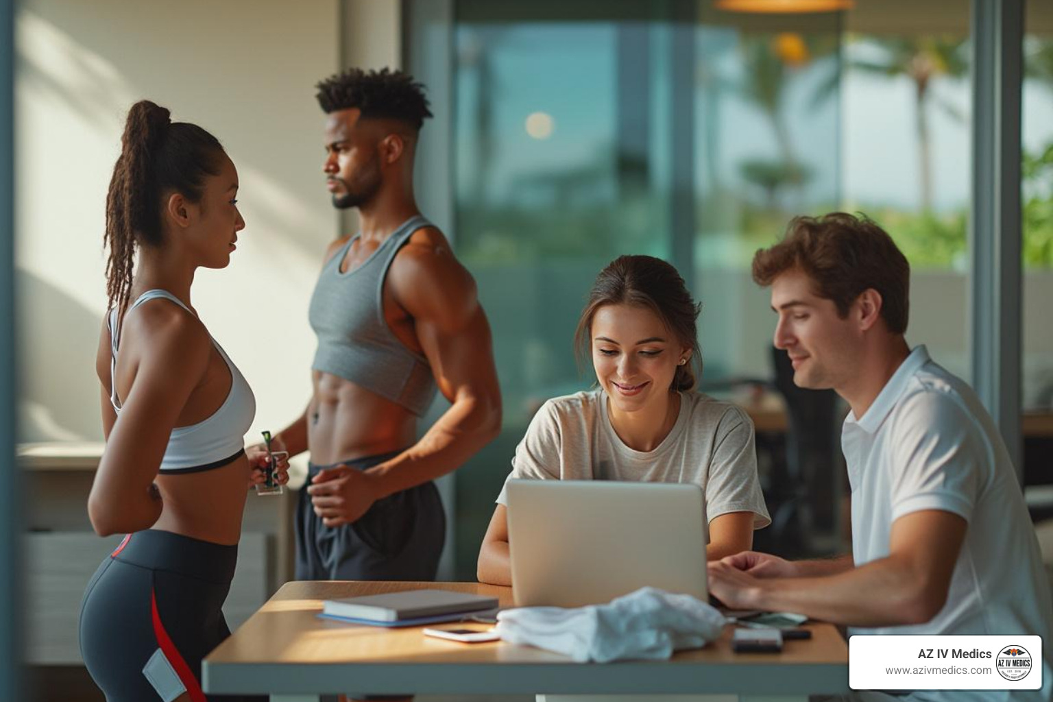 Diverse group of people including an athlete, a professional at a desk, and a person relaxing at a resort - mobile iv mesa az