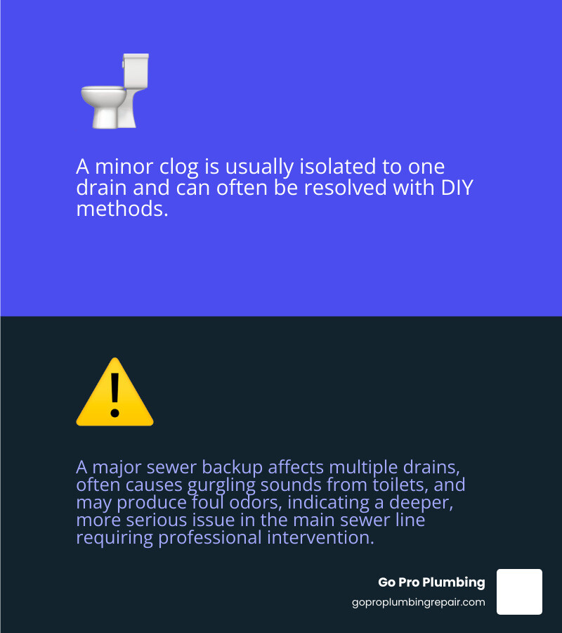 Infographic explaining the difference between a minor clog and a major sewer backup: A minor clog is usually isolated to one drain and can often be resolved with DIY methods. A major sewer backup affects multiple drains, often causes gurgling sounds from toilets, and may produce foul odors, indicating a deeper, more serious issue in the main sewer line requiring professional intervention. - 24 hour plumber rancho cordova infographic 2_facts_emoji_blue