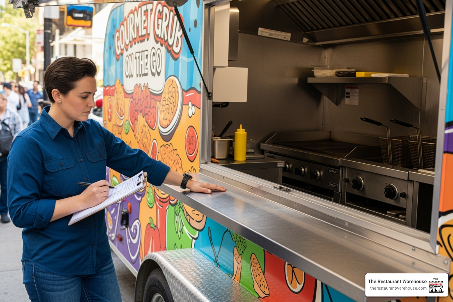 Person inspecting a food trailer with a checklist before purchase - 14 ft food trailer