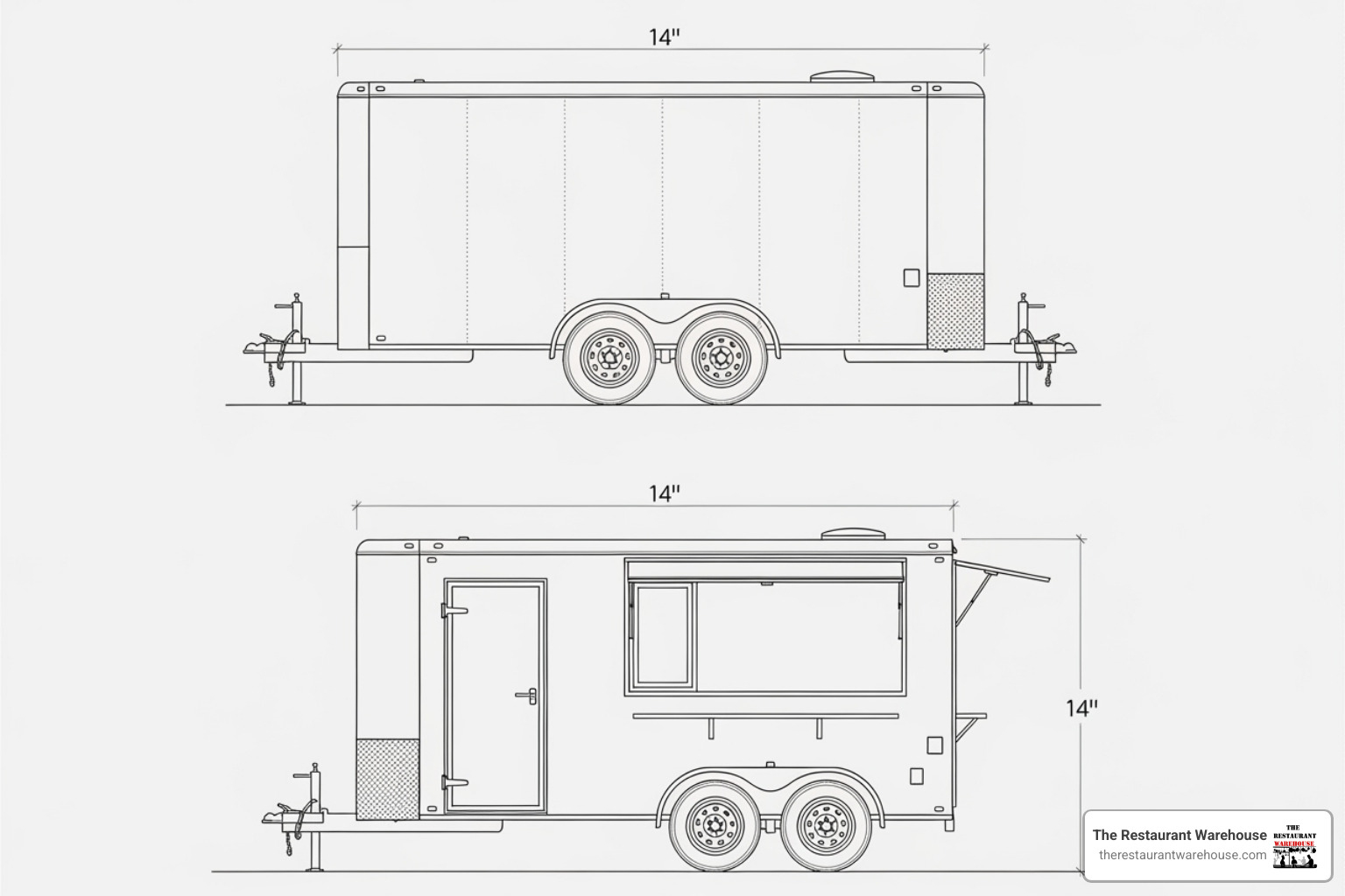 Blueprint diagram showing the dimensions of a 14 ft food trailer - 14 ft food trailer