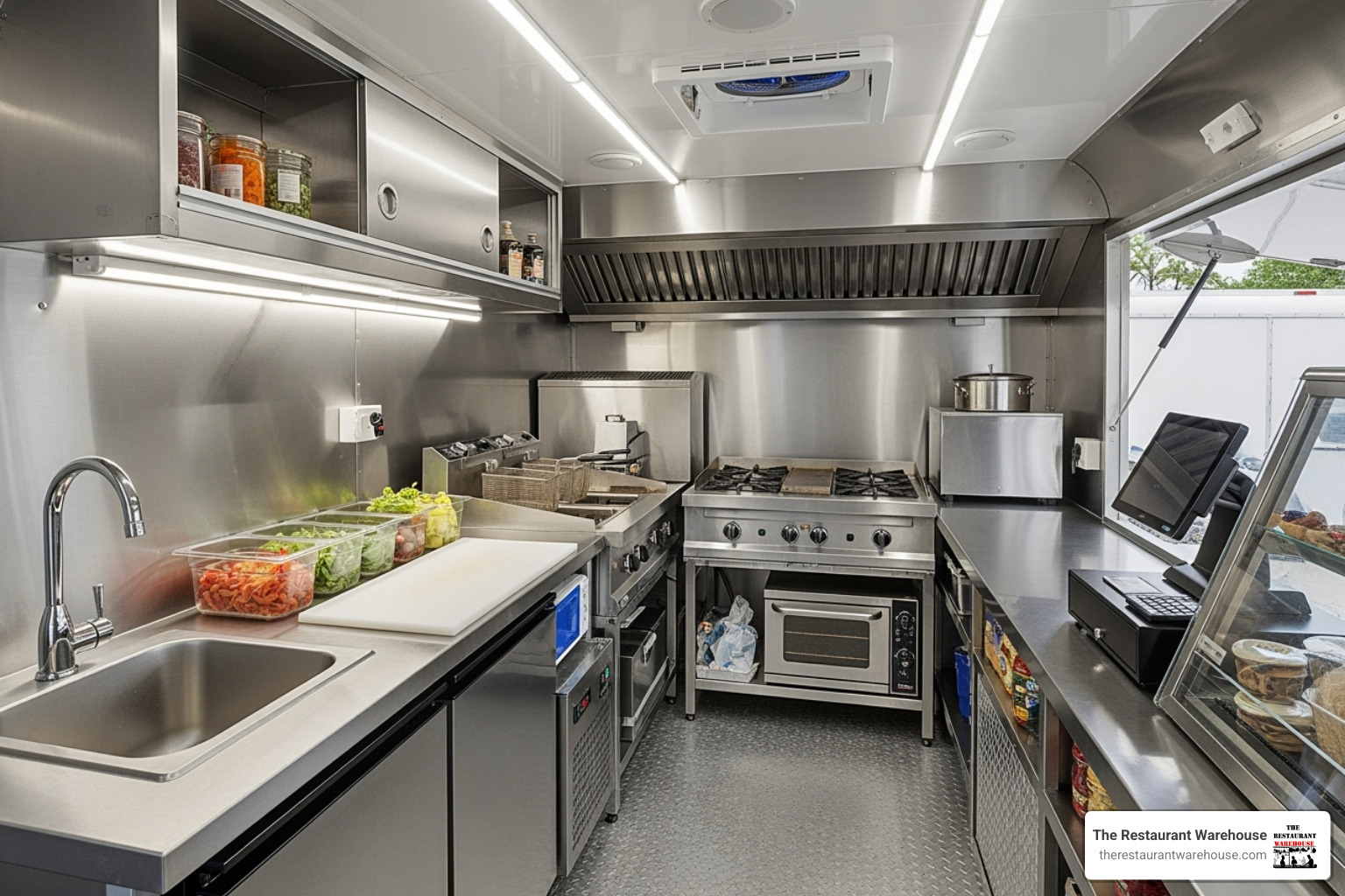 Well-organized interior of a 14 ft food trailer showing distinct prep, cooking, and service zones. - 14 ft food trailer