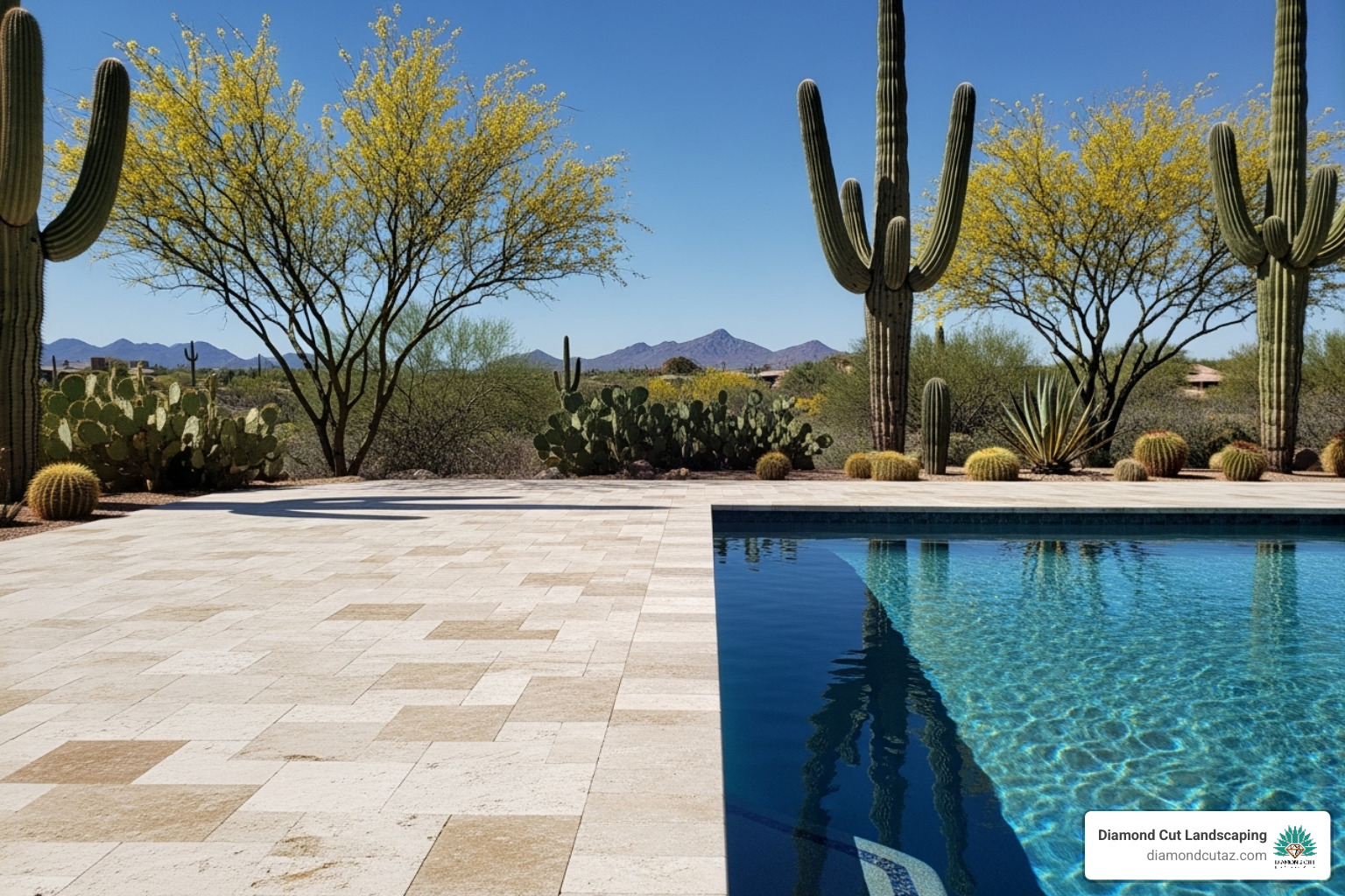 stunning travertine paver patio seamlessly connecting to a pool deck - arizona patio design ideas