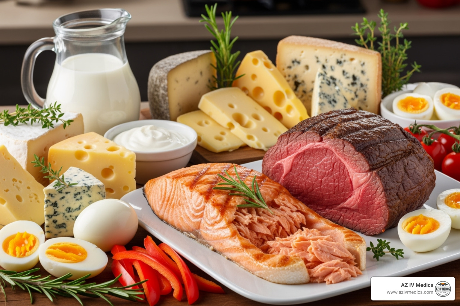 Natural food sources rich in Vitamin B12 like fish, meat, and dairy - b12 injection