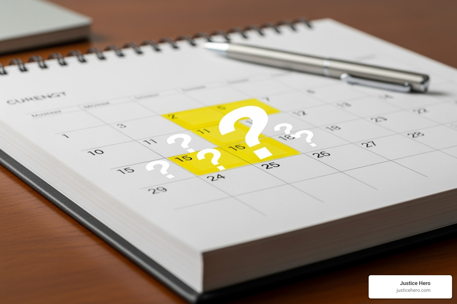 Calendar with highlighted dates and question marks symbolizing the variable timeline - when will roundup settlements be paid