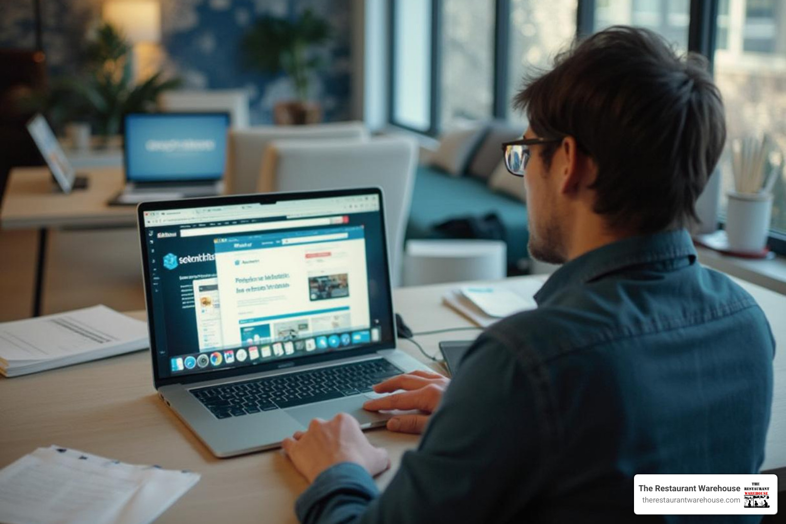 Image of a person comparing supplier websites on a laptop - catering equipment suppliers