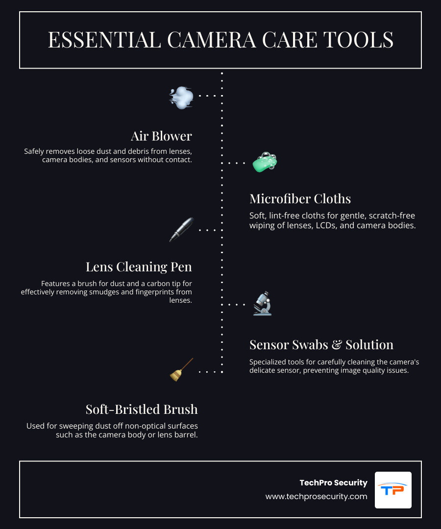 Detailed breakdown of essential tools found in a typical camera maintenance kit including their function and how they contribute to camera longevity and image quality. - camera maintenance kit infographic infographic-line-5-steps-dark