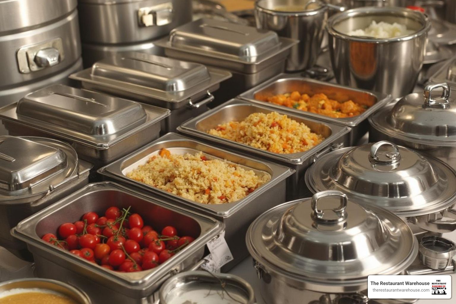 Image of various catering supplies like chafing dishes, serving utensils, and insulated carriers - catering equipment suppliers