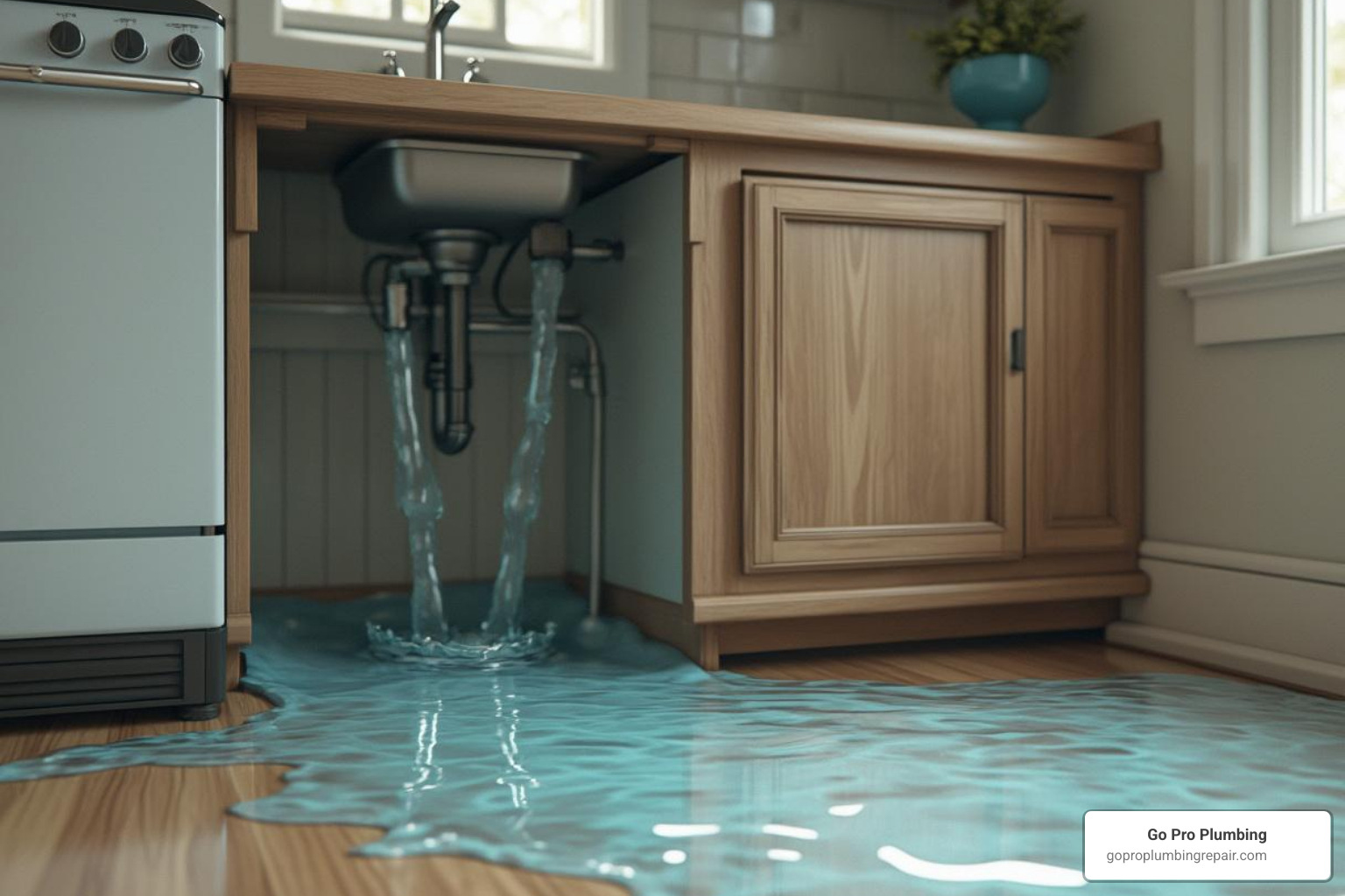 significant water leak under a kitchen sink with water spreading on the floor - 24 hour plumber rancho cordova