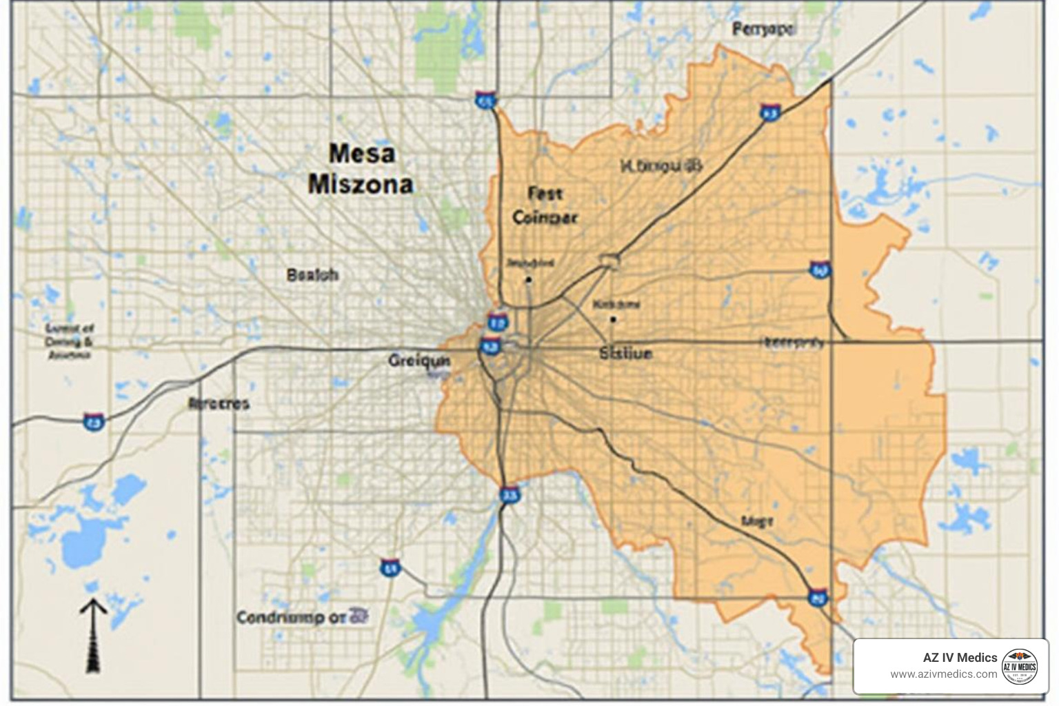 Map highlighting Mesa and the surrounding East Valley service area - mobile iv mesa az