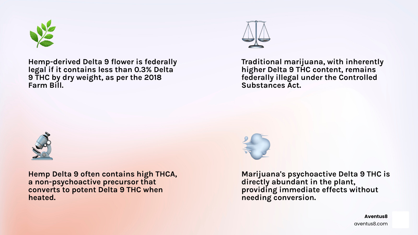 Infographic explaining the key differences between hemp-derived Delta 9 flower and traditional marijuana, focusing on legal definitions, THC content, and psychoactive effects. - delta 9 flower infographic 4_facts_emoji_light-gradient