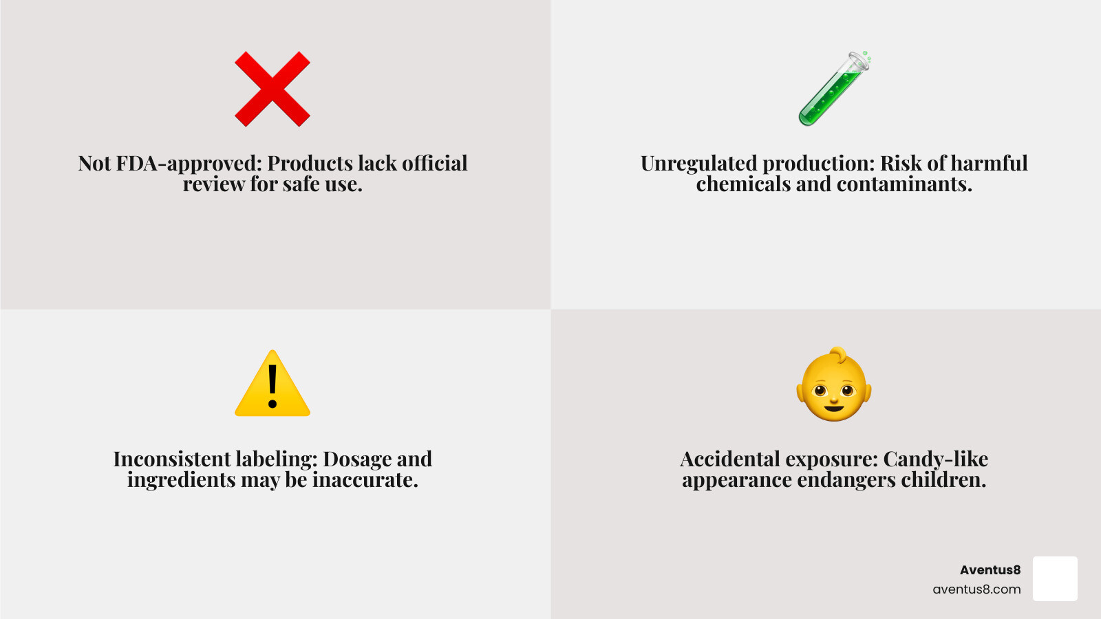 Infographic describing key safety concerns with Delta 8 gummies - Delta 8 gummies safety infographic 4_facts_emoji_grey