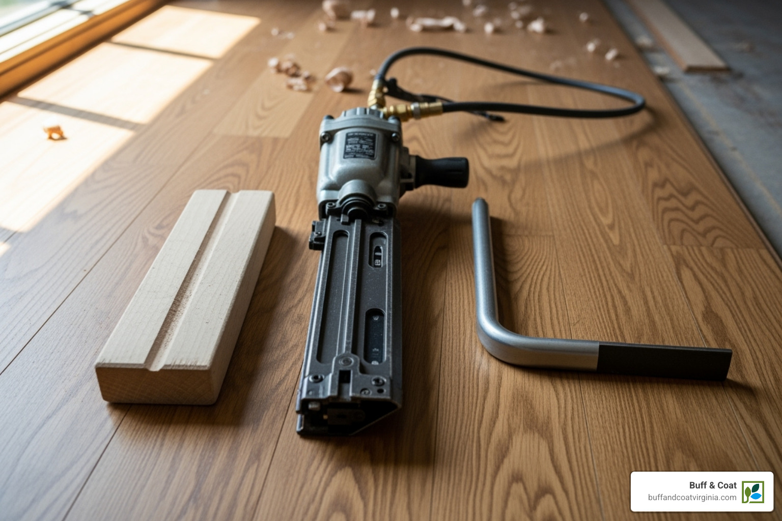 Essential flooring installation tools laid out neatly, including a flooring nailer, tapping block, and pull bar, ready for use. - best way to install hardwood floors on concrete Essential flooring installation tools laid out neatly, including a flooring nailer, tapping block, and pull bar, ready for use. - best way to install hardwood floors on concrete