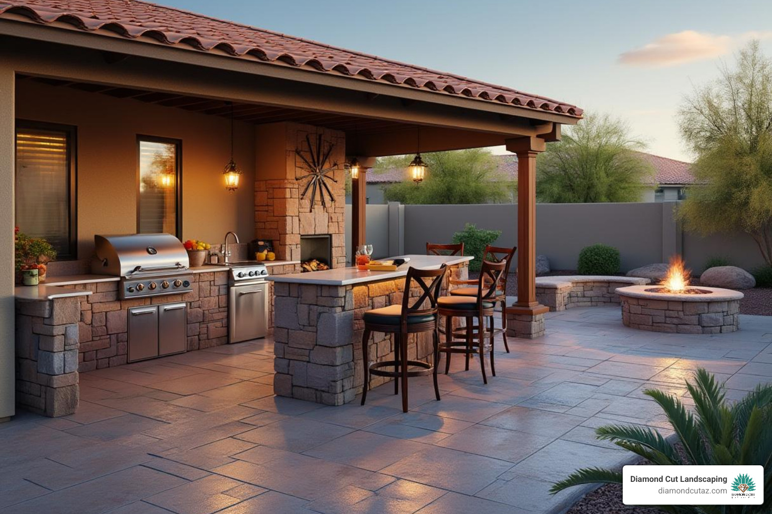 complete outdoor kitchen with a built-in BBQ and bar seating, adjacent to a cozy gas fire pit area - arizona patio design ideas