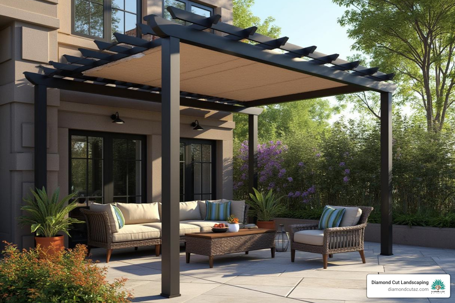 modern, dark-colored Alumawood pergola providing filtered shade over a stylish outdoor seating area - arizona patio design ideas