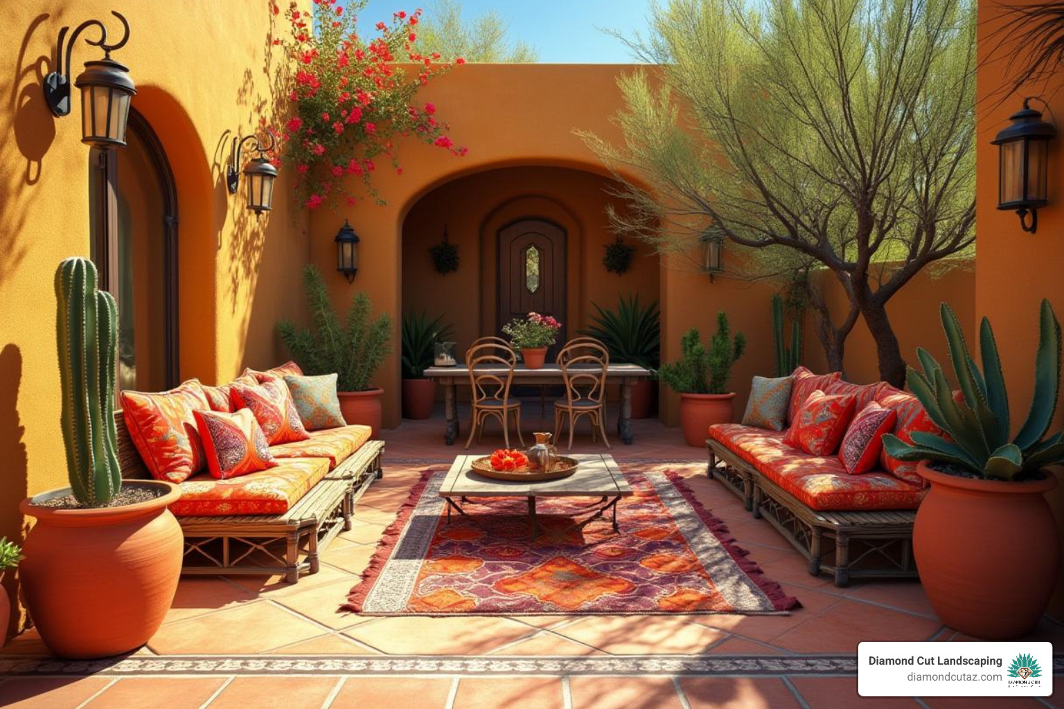 vibrant Southwestern-style patio featuring colorful cushions, Saltillo tile, and desert plants in terracotta pots - arizona patio design ideas