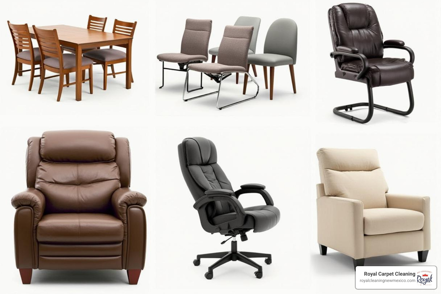 collage showing various types of chairs like dining chairs, an office chair, a recliner, and an ottoman - chair cleaning service near me