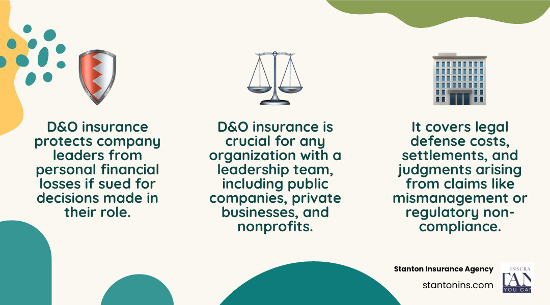 Infographic explaining what Directors and Officers (D&O) insurance is, who it protects, and the types of claims it typically covers - directors and officers insurance infographic 3_facts_emoji_nature