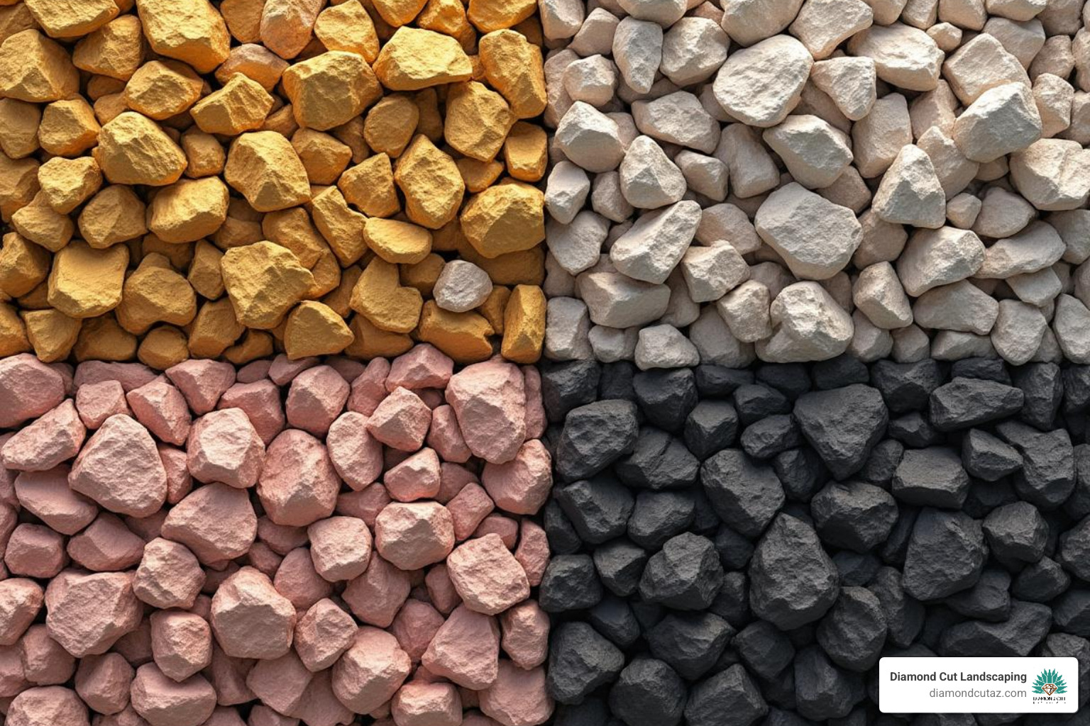 Grid showing different types of popular decorative rocks like Madison Gold, Apache Pink, River Rock, and Black Cinders - bulk rock phoenix