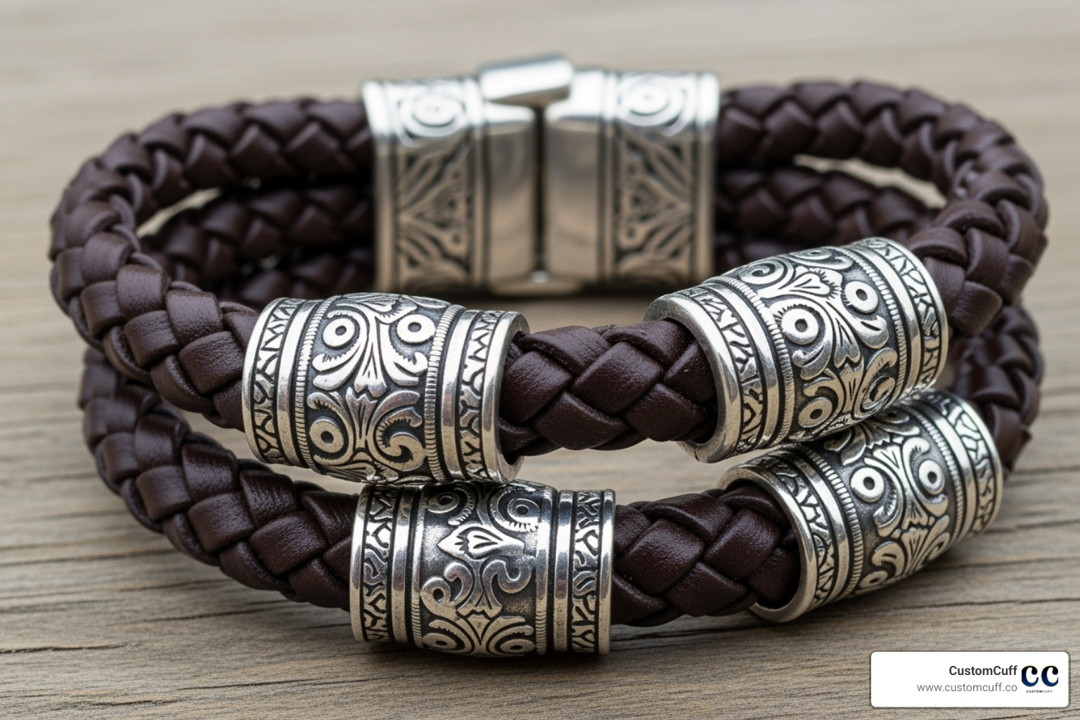 Braided leather engraved bracelet for dad with silver beads