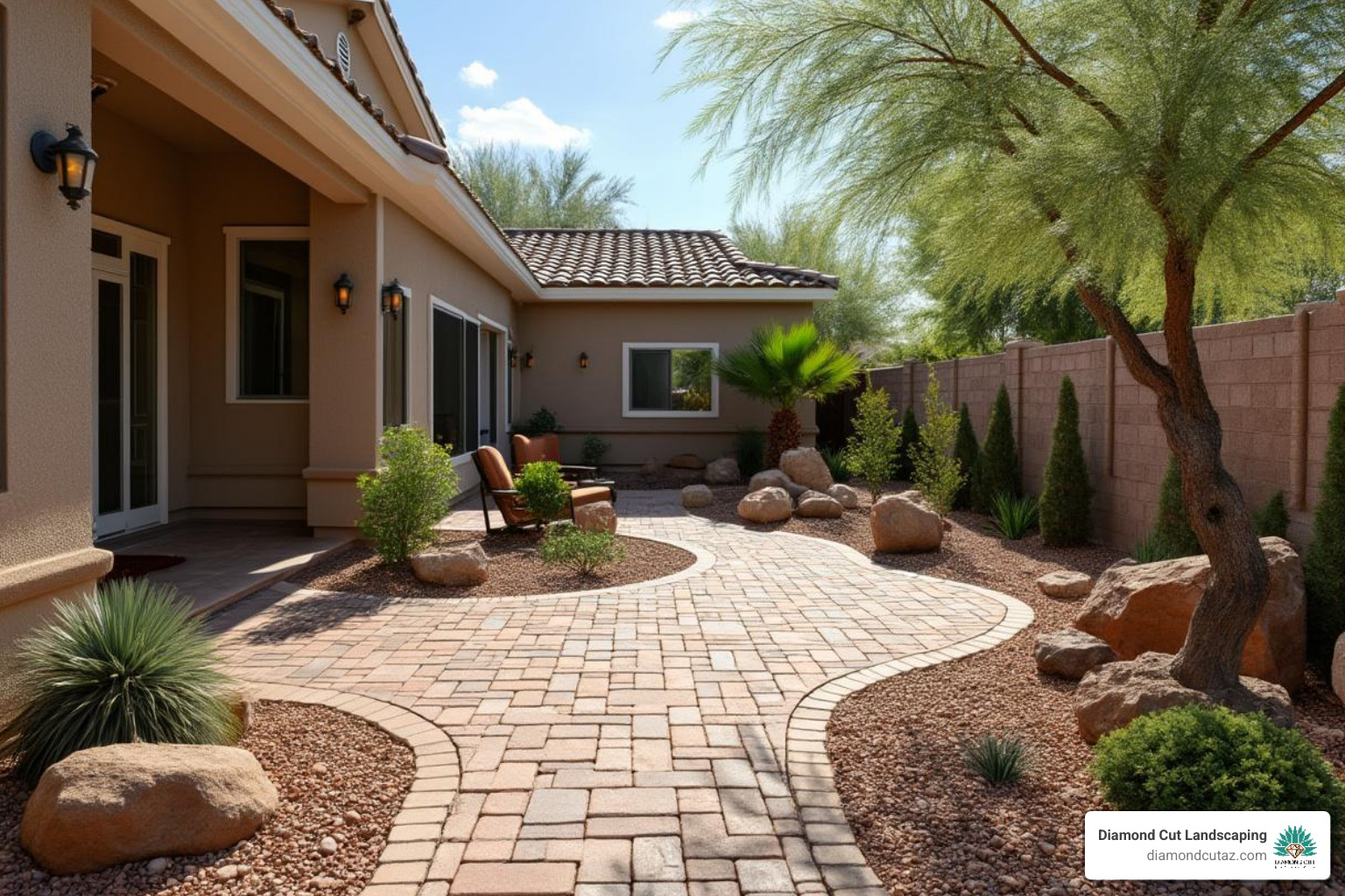 Phoenix backyard with decorative rock, desert plants, and a paver patio - bulk rock phoenix