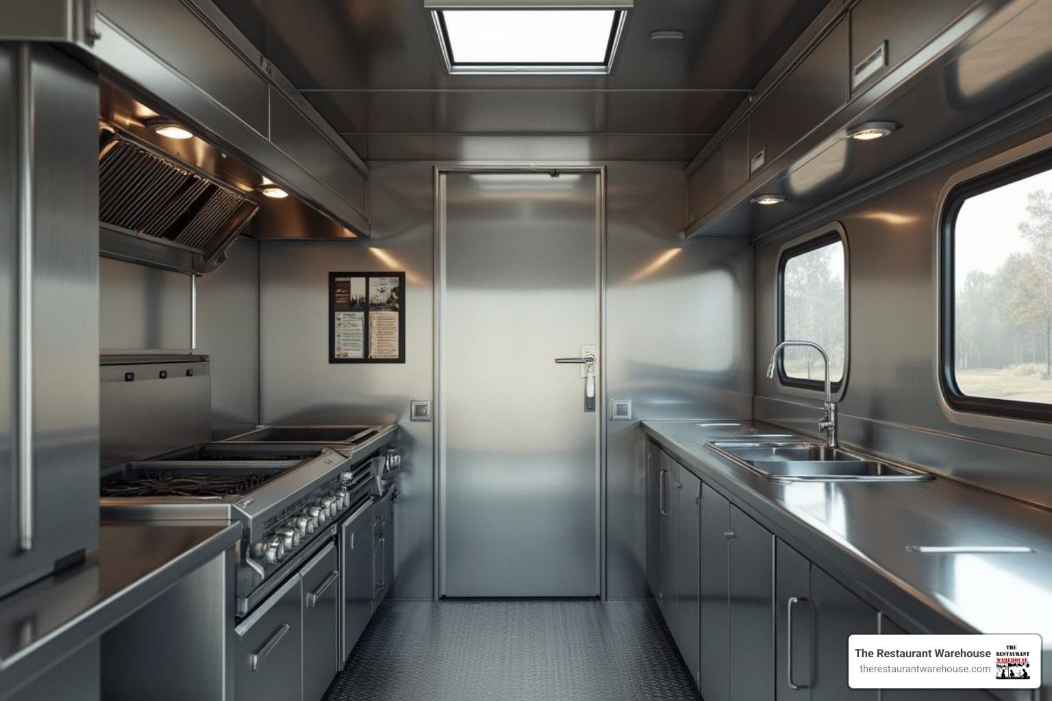 Various commercial cooking appliances like a fryer, griddle, and prep table neatly installed in a trailer. - 14 ft food trailer